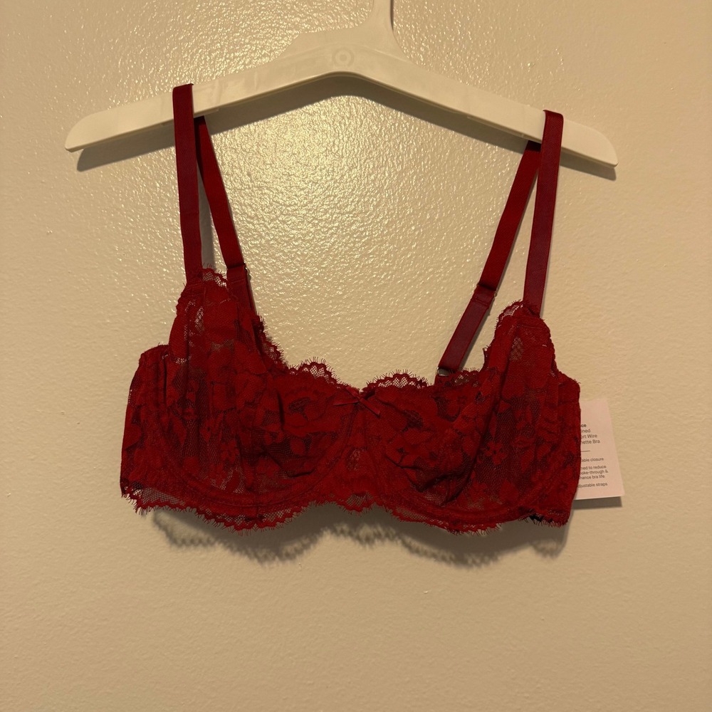 Auden Red Lace Unlined Balconette Bra 34C Floral Underwire Eyelash Trim NEW